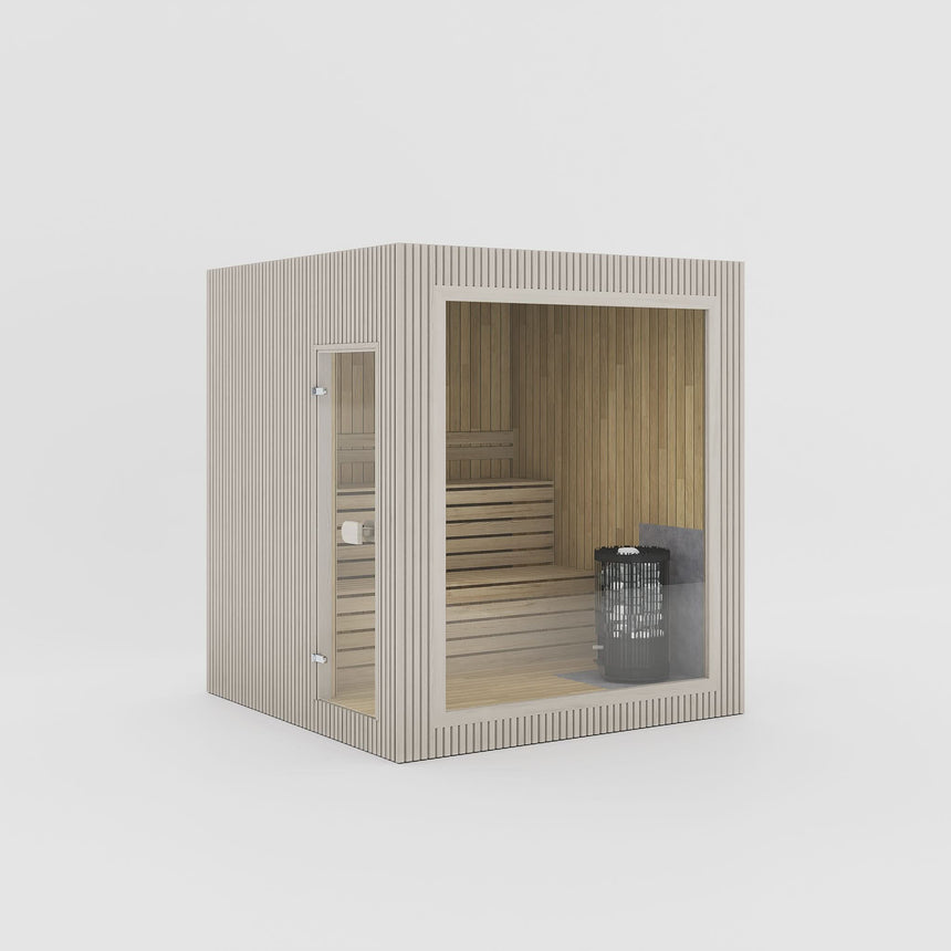 Rendering of the Celsium Jonas Classic outdoor sauna in Beige ThermoWood with a large glass front and a full-height glass door