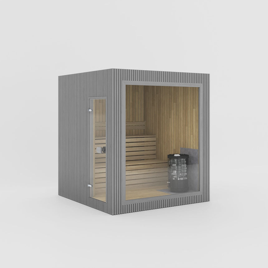 Rendering of the Celsium Jonas Classic outdoor sauna in Grey ThermoWood with a large glass front and a full-height glass door