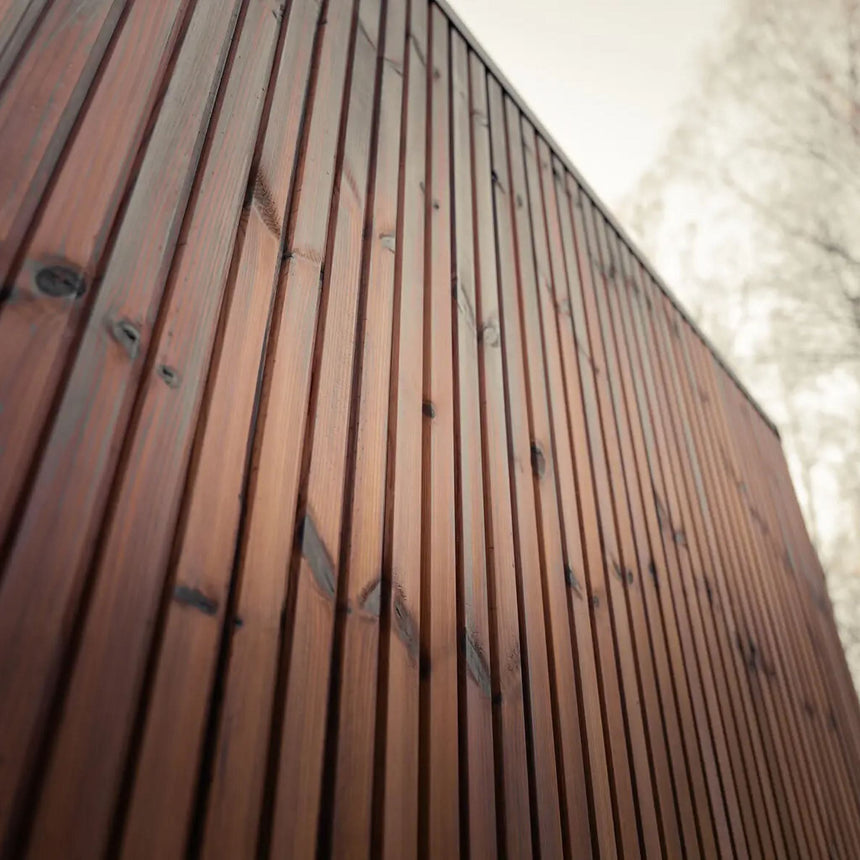 Close-up of the vertical ThermoWood cladding on the Celsium Jonas Grand outdoor sauna