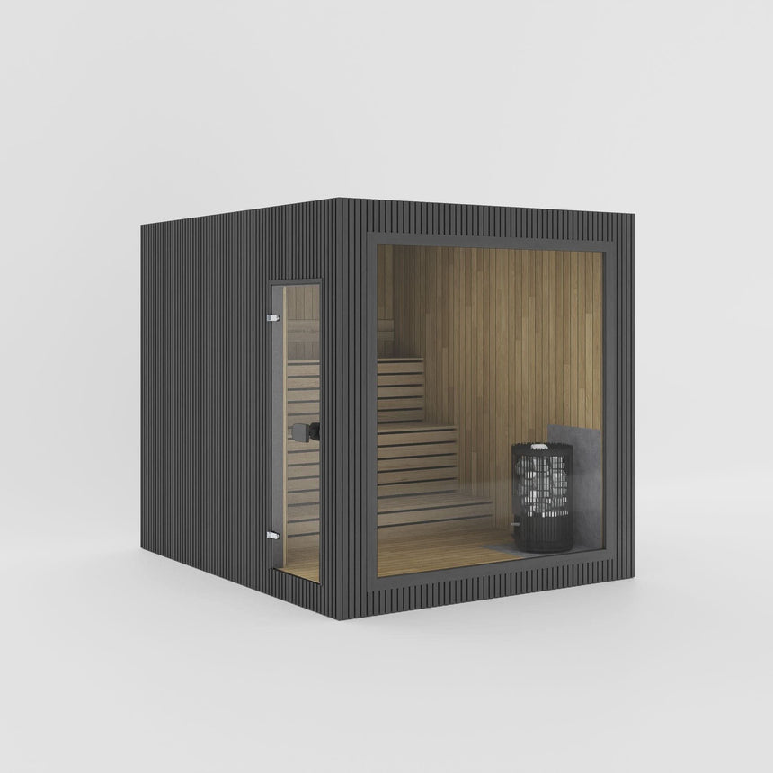 Rendering of the Celsium Jonas Grand outdoor sauna in Ebony ThermoWood with a large glass front and a full-height glass door