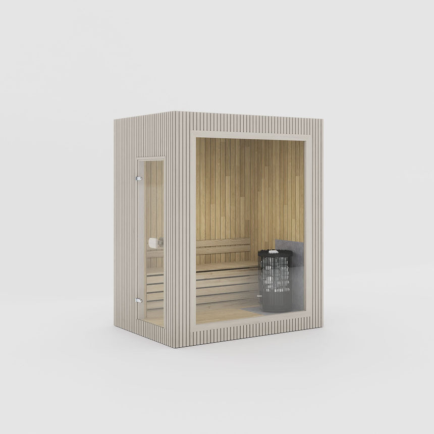 Rendering of the Celsium Jonas Mini outdoor sauna in Beige ThermoWood with a large glass front and a full-height glass door