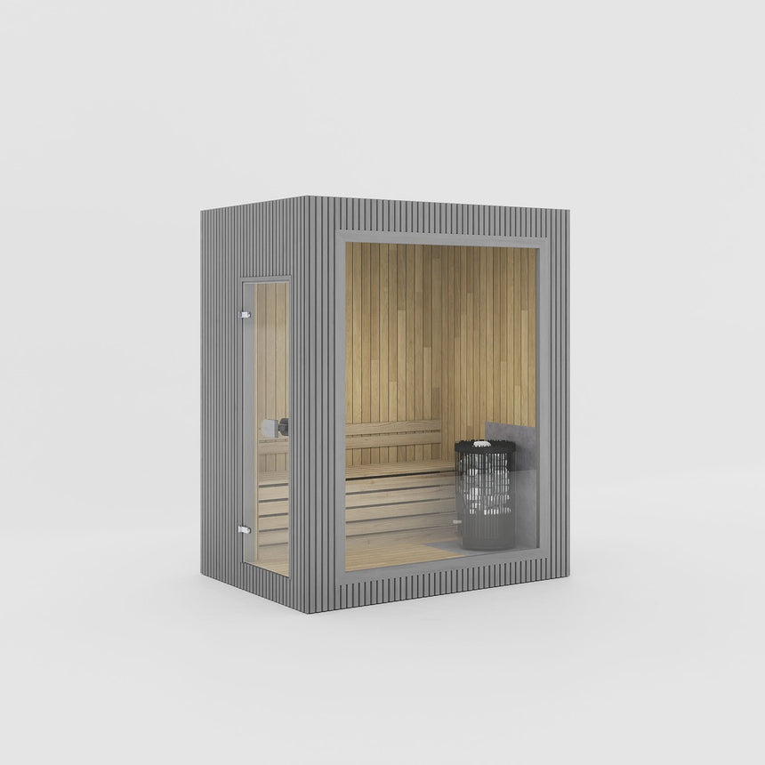 Rendering of the Celsium Jonas Mini outdoor sauna in Grey ThermoWood with a large glass front and a full-height glass door