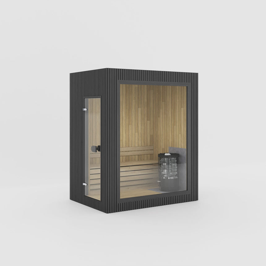 Rendering of the Celsium Jonas Mini outdoor sauna in Ebony ThermoWood with a large glass front and a full-height glass door