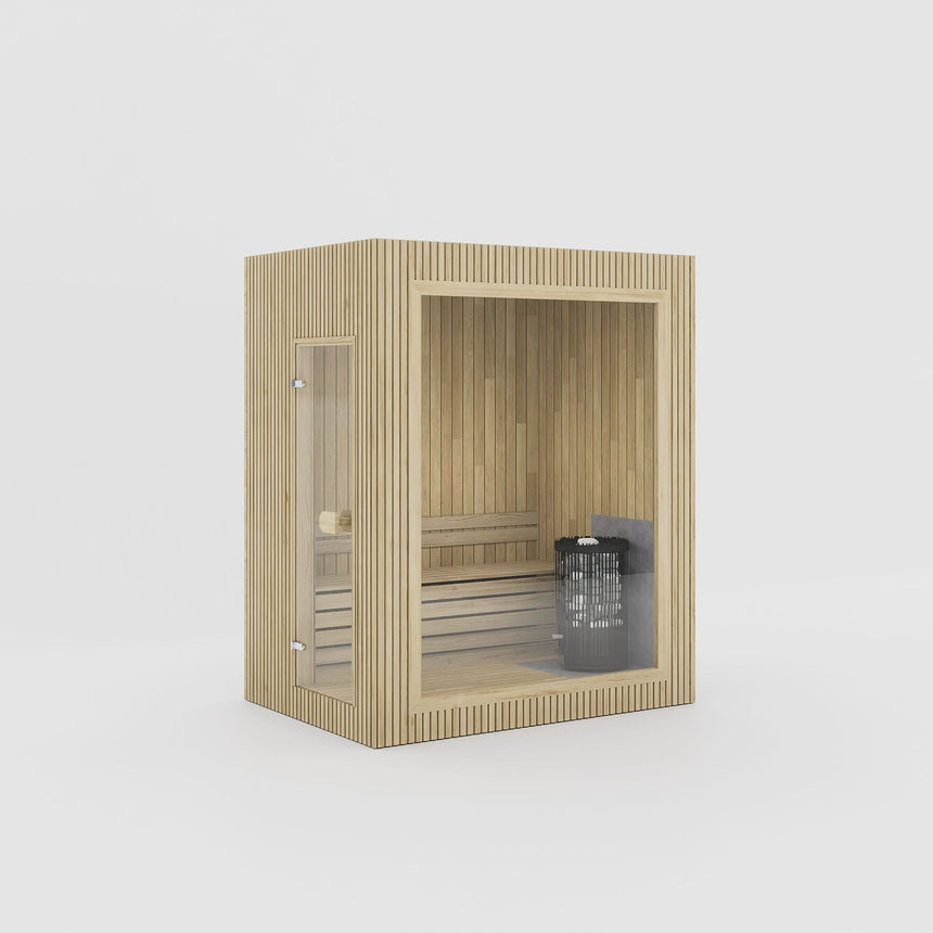Rendering of the Celsium Jonas Mini outdoor sauna in Hazel ThermoWood with a large glass front and a full-height glass door