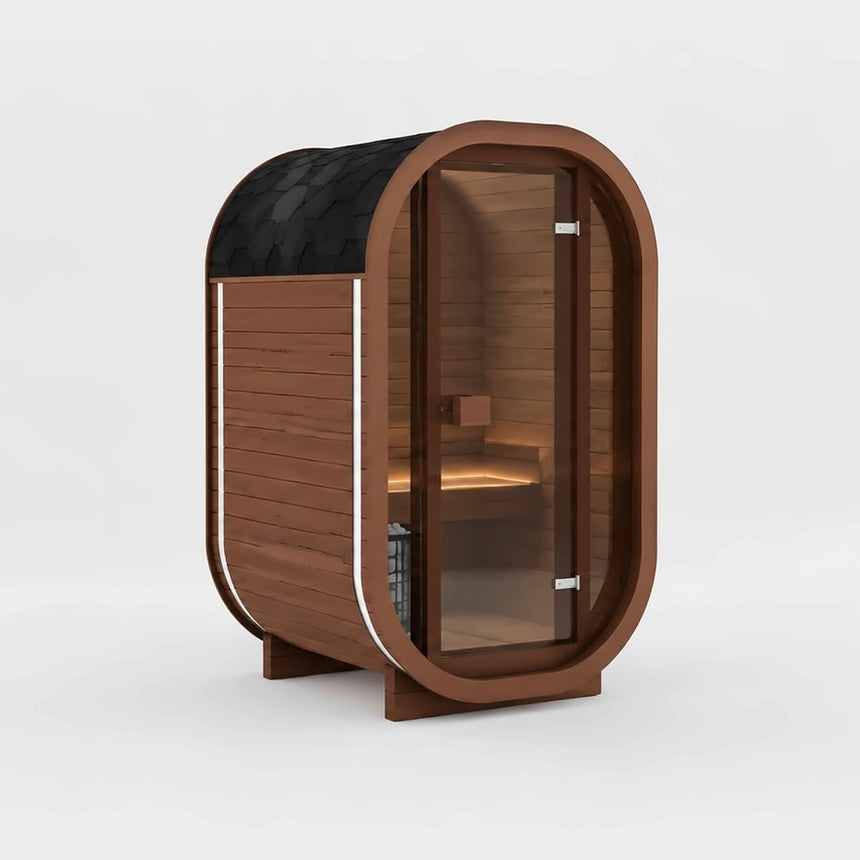 Rendering of the Celsium Ula Micro Compact outdoor sauna with a full bronze-tinted glass front, a central glass door and a brown ThermoWood exterior