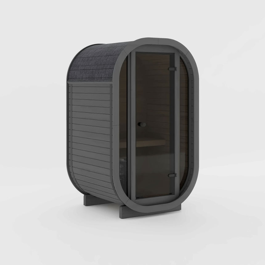 Rendering of the Celsium Ula Micro Compact outdoor sauna in a dark finish with a full tinted glass front