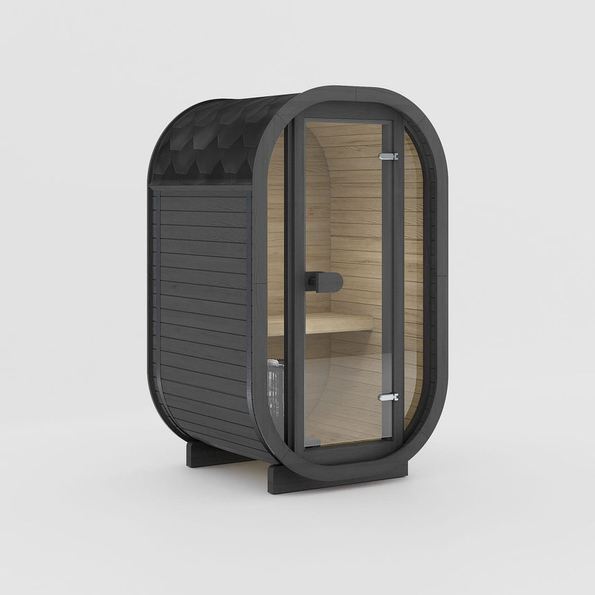 Rendering of the Celsium Ula Micro Compact outdoor sauna in Ebony ThermoWood with a full glass front and a shingled roof