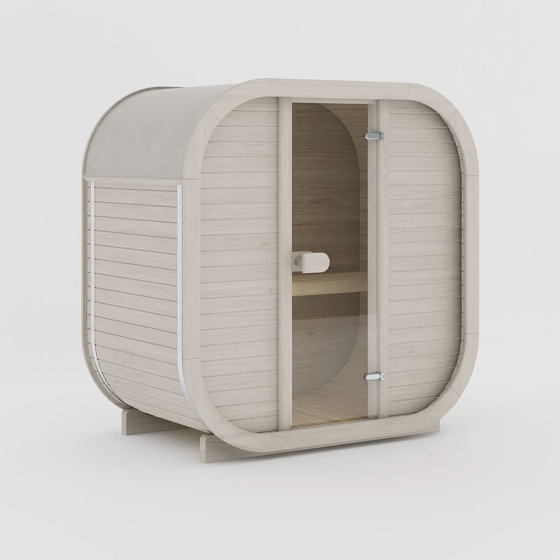 Rendering of the Celsium Ula Mini outdoor sauna in Beige ThermoWood, shown with a timber front and a central glass door