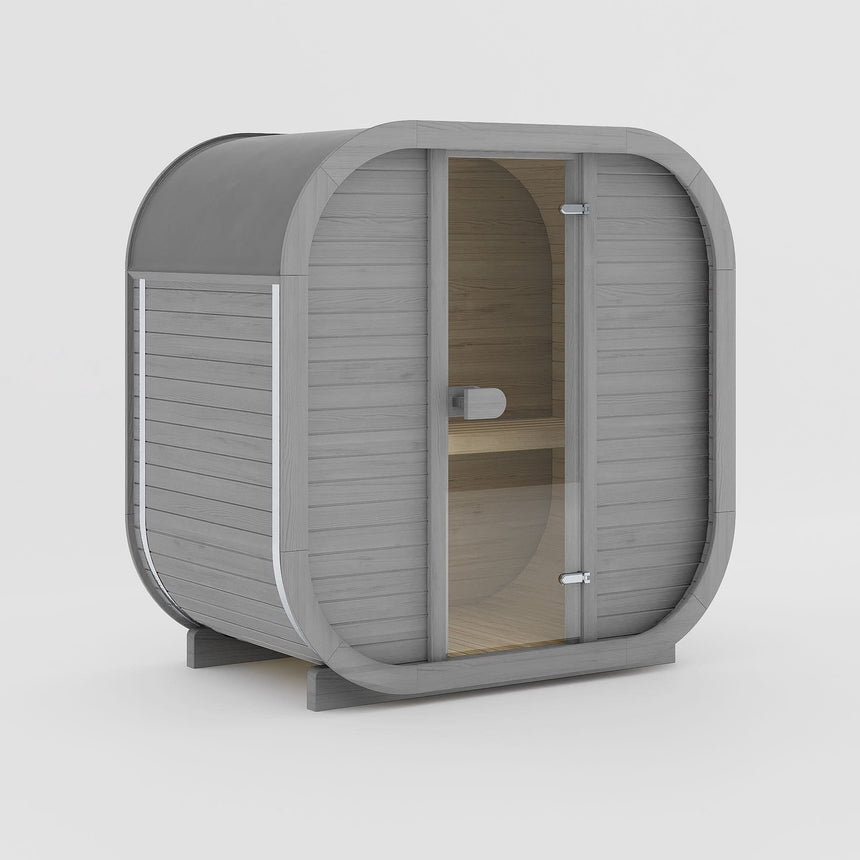 Rendering of the Celsium Ula Mini outdoor sauna in Grey ThermoWood, shown with a timber front and a central glass door
