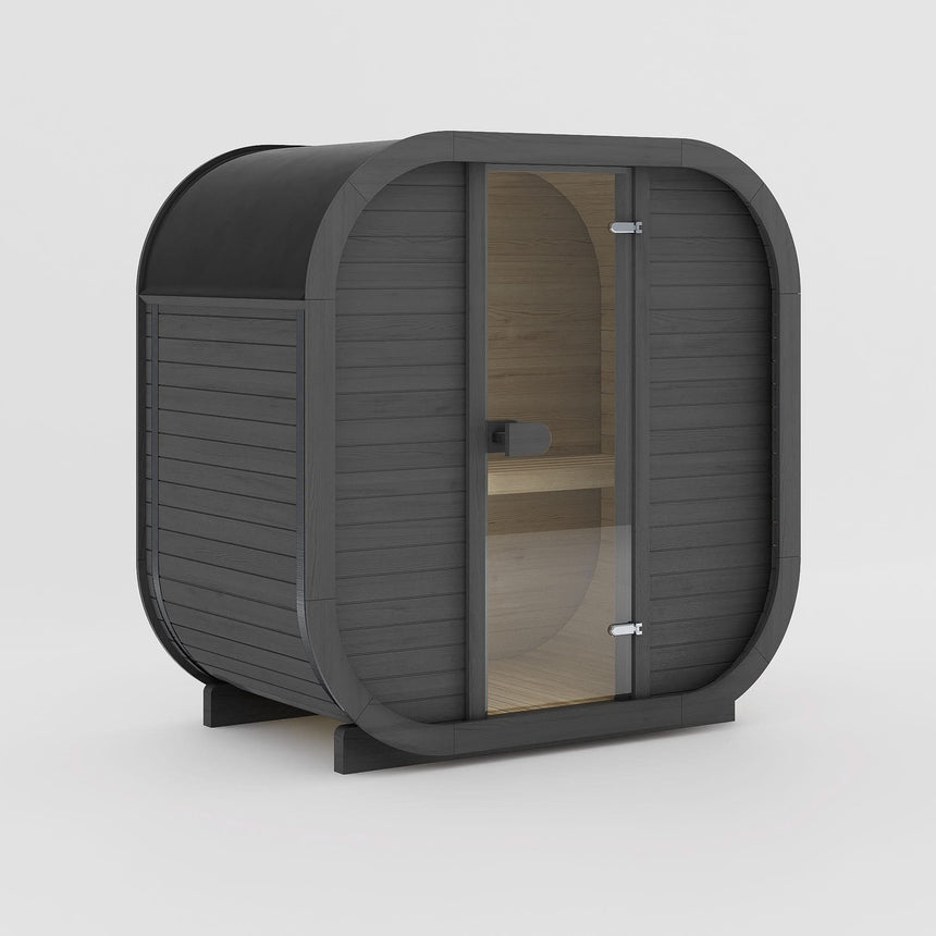 Rendering of the Celsium Ula Mini outdoor sauna in Ebony ThermoWood, shown with a timber front and a central glass door