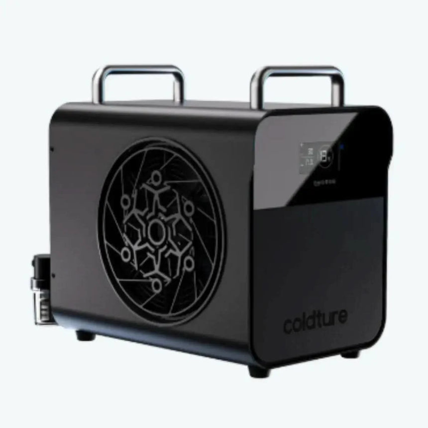 A front-on product shot of the black Coldture Water Chiller Pro (SKU: 730203) with a clean digital display and a carrying handle.