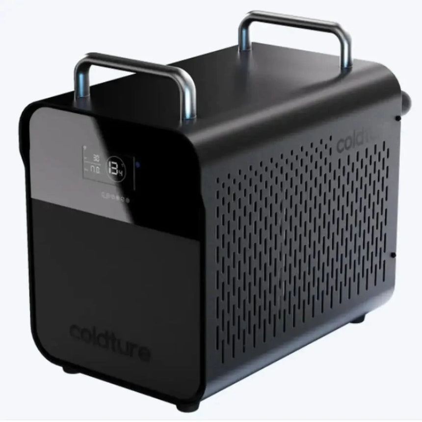 An angled view of the Coldture Water Chiller Pro (SKU: 730203), a black, compact unit with two stainless steel handles for easy portability.