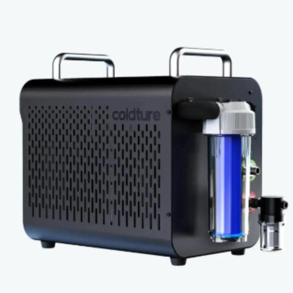 A side view of the Coldture Water Chiller Pro (SKU: 730203), showcasing the black unit with a transparent blue water filter housing attached to the side.