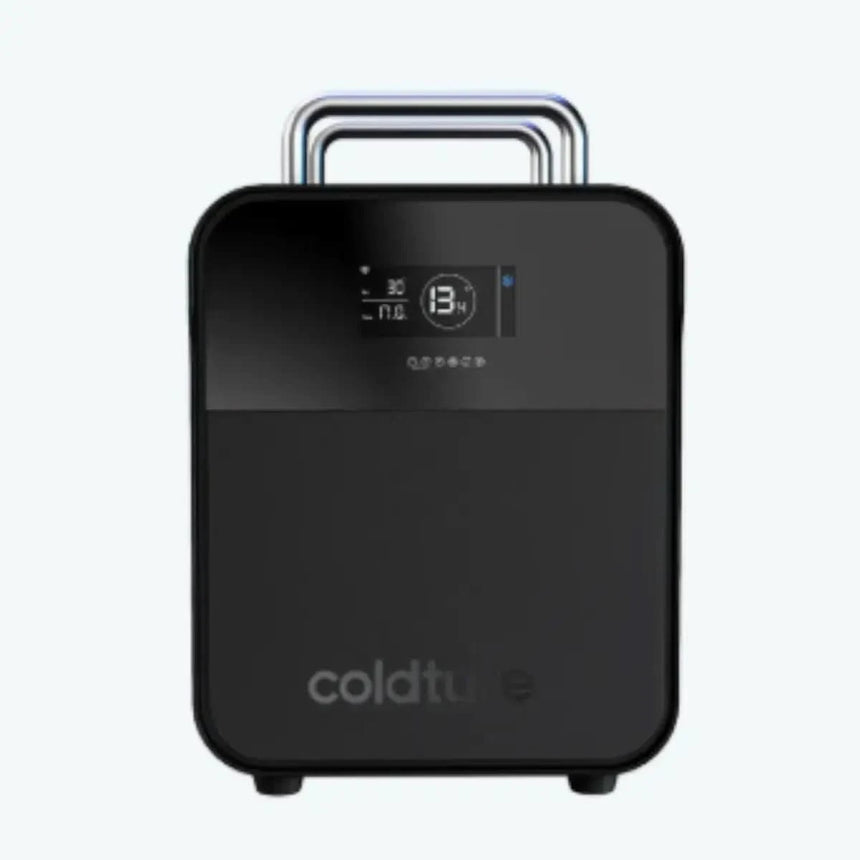 A front-on product shot of the Coldture Water Chiller Pro (SKU: 730203), a black portable chiller with a clean digital display and handle.