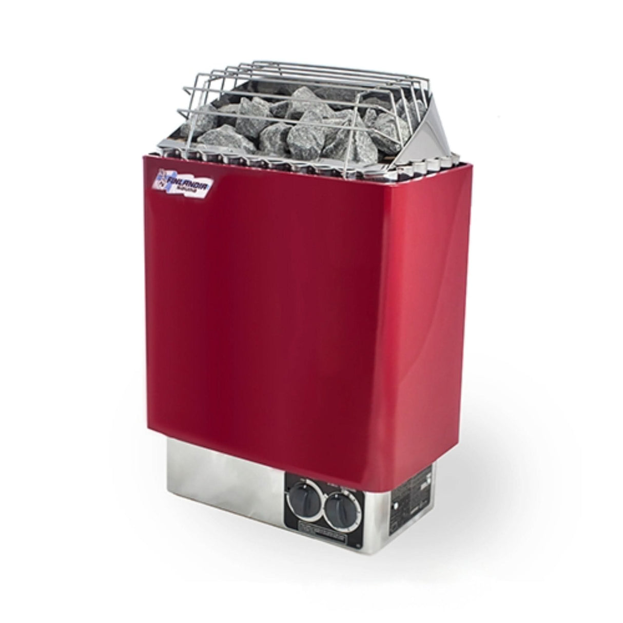 Finlandia FLB-80 8kW wall-mounted electric sauna heater in red enamel with built-in controls, stainless steel elements, and igneous stones for efficient heating in rooms up to 425 cubic feet.
