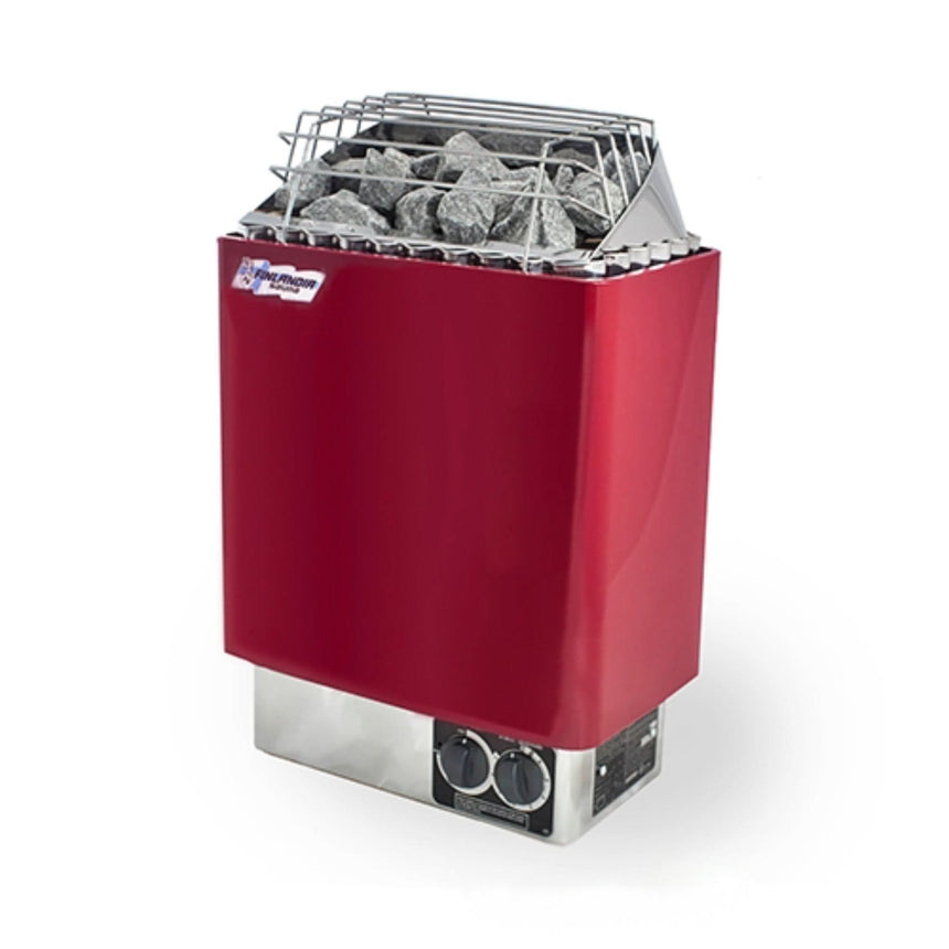 Finlandia FLB-80 8kW wall-mounted electric sauna heater in red enamel with built-in controls, stainless steel elements, and igneous stones for efficient heating in rooms up to 425 cubic feet.