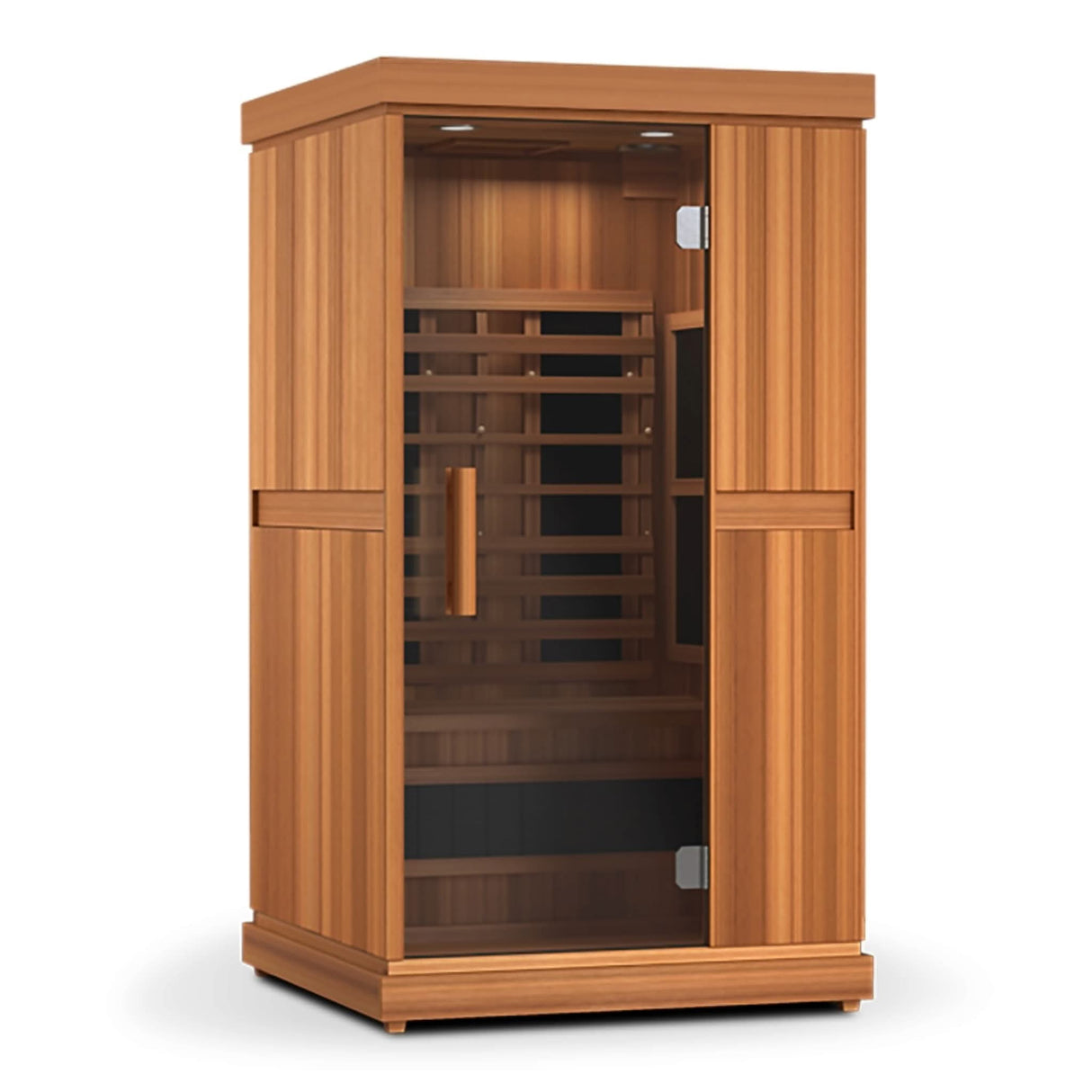 Finnmark FD-1 1-person full-spectrum infrared sauna exterior with Thermo-Aspen wood finish and tempered glass door.
