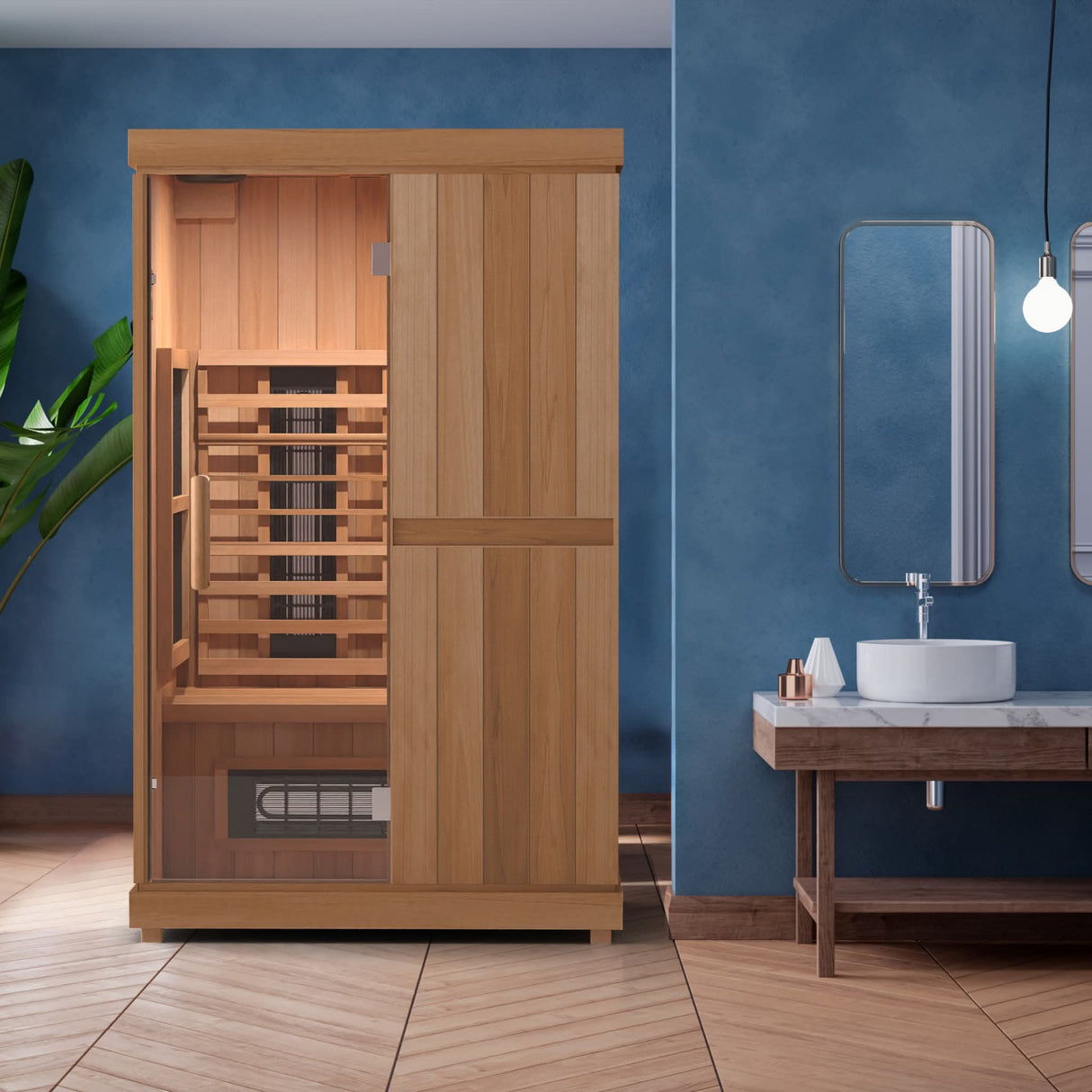 Finnmark FD-2 2-person full-spectrum infrared sauna with Thermo-Aspen exterior in modern bathroom with blue wall and contemporary decor.