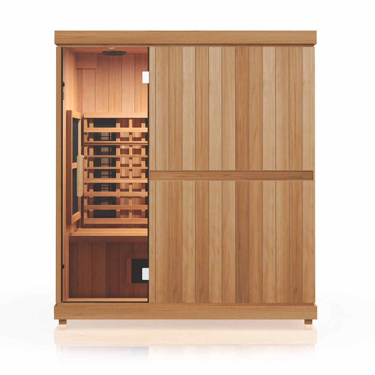 Finnmark FD-3 4-person full-spectrum infrared sauna front view with open glass door showing cedar interior, carbon 360 heaters and Spectrum Plus panels.