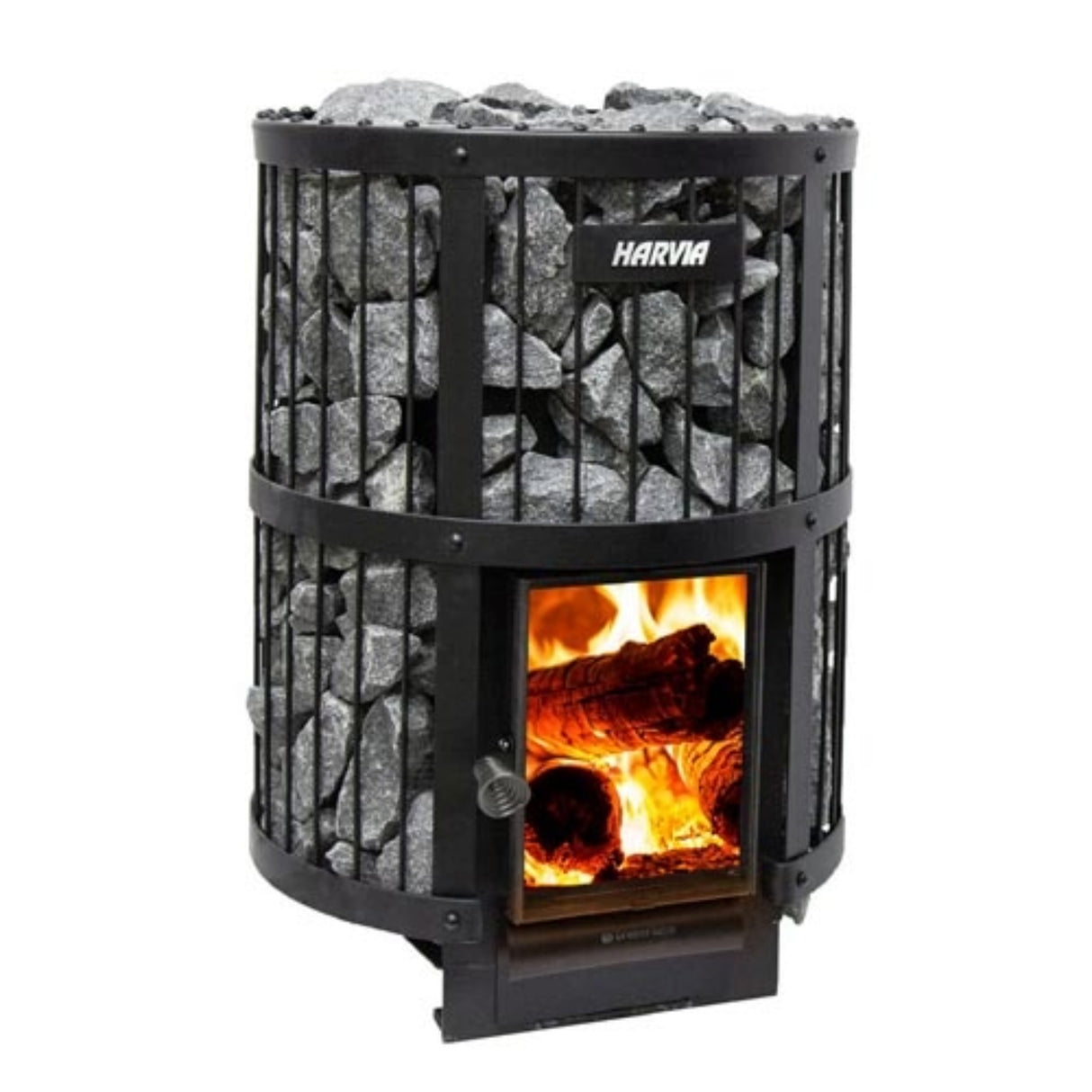 Harvia Legend 240 Green Flame (WK200LD) wood heater, close-up with large stone capacity and visible wood fire.