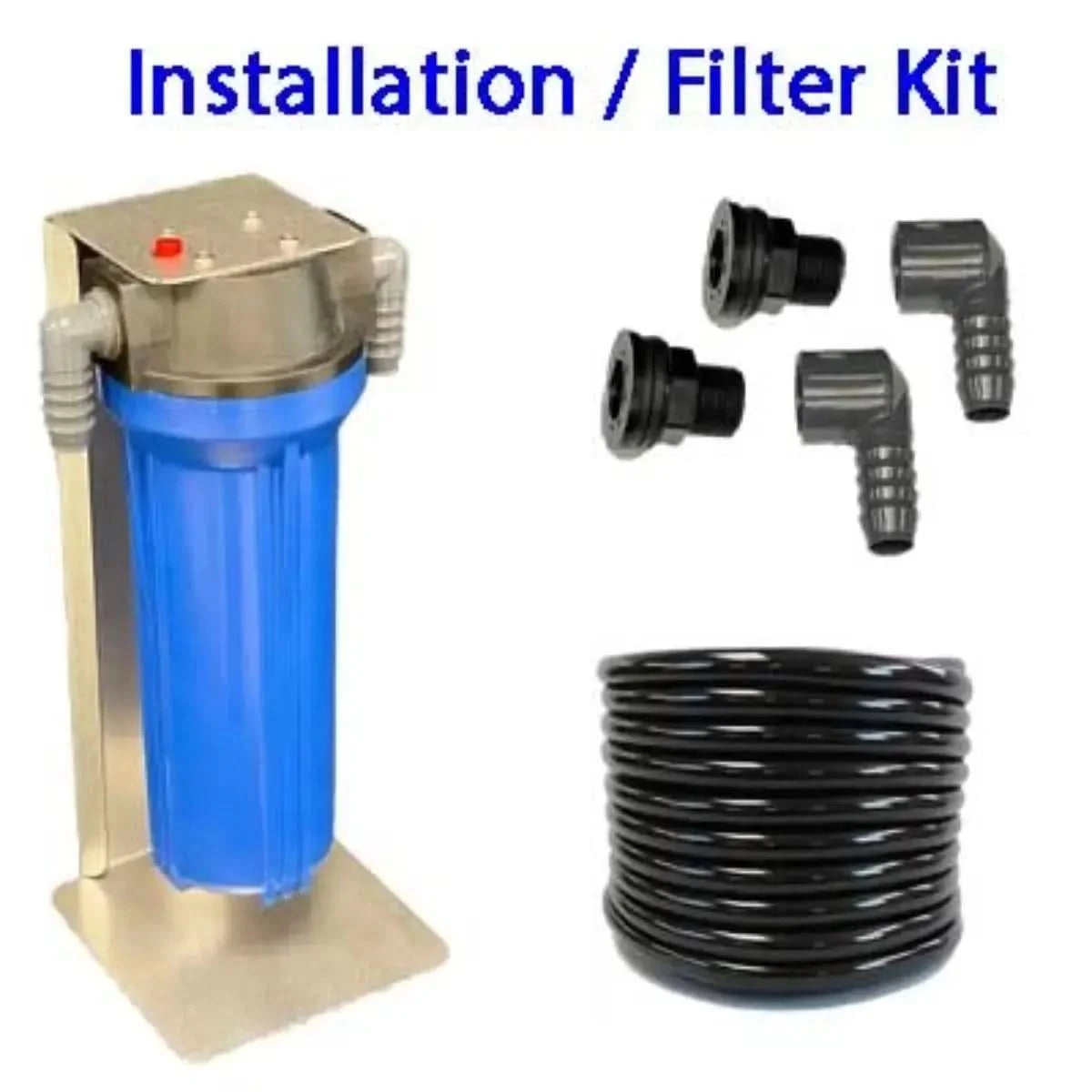A product shot of the components included in the Penguin Cold Therapy Chiller filter kit (SKU: 730204), including the filter housing and tubing.