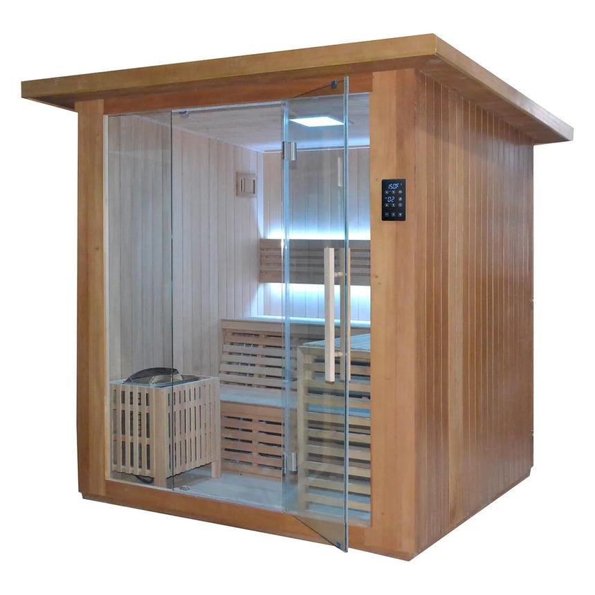 Three-quarter view of the Revive 4 Person Traditional Sauna with its glass door open, roof overhang, wood exterior and touchscreen control panel beside the glass front