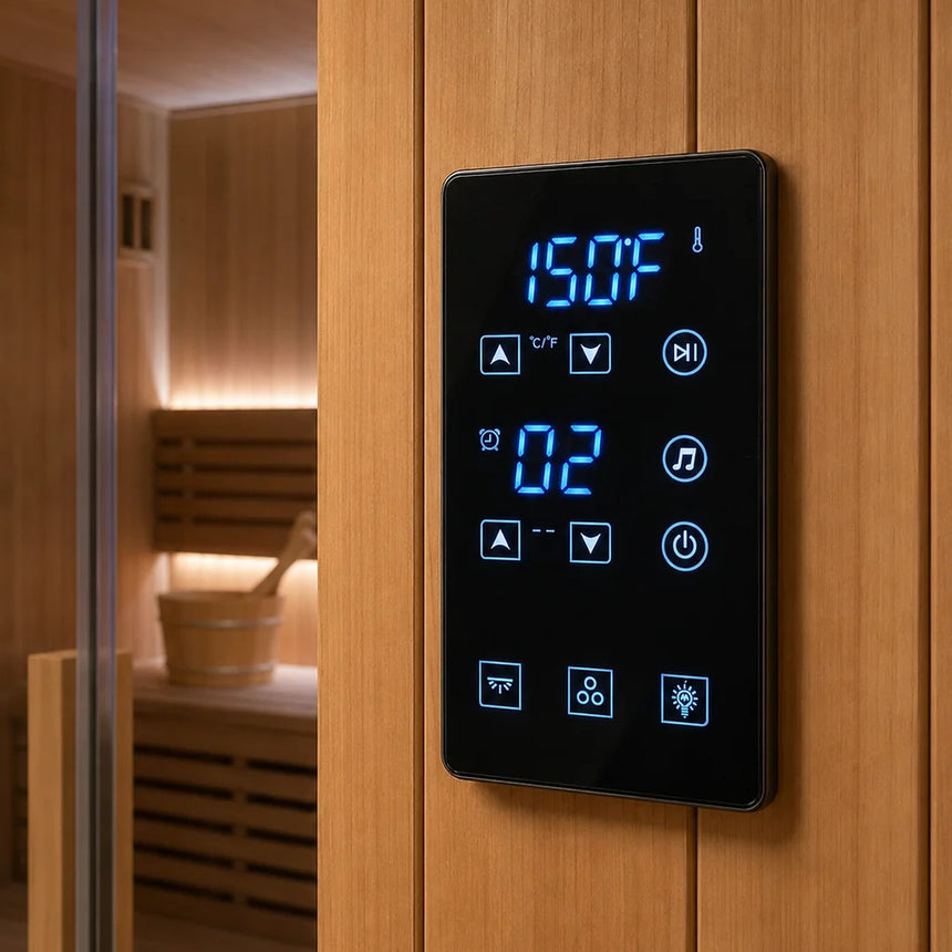 Touchscreen control panel of the Revive 4 Person Traditional Sauna showing 150°F, a timer setting and music controls