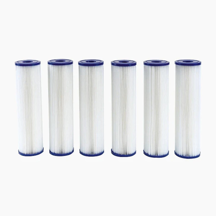 Revive 6-Pack Of Filters: six pleated cartridge filters with blue end caps, shown for the 5-micron and 20-micron options