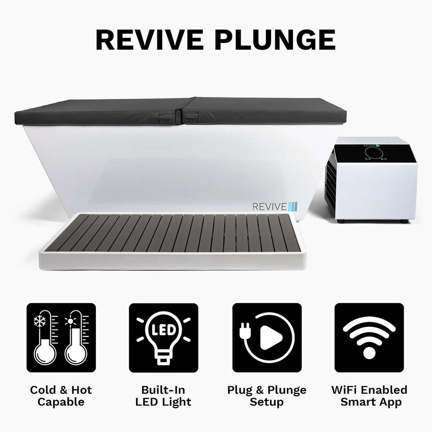 Revive Acrylic Plunge features: cold and hot capable, built-in LED light, plug-and-plunge setup and Wi-Fi smart app, shown with the optional Acrylic Basin