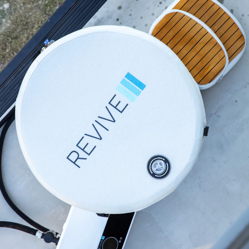 Top view of the Revive Inflatable Barrel Plunge cover, inflatable step and chiller