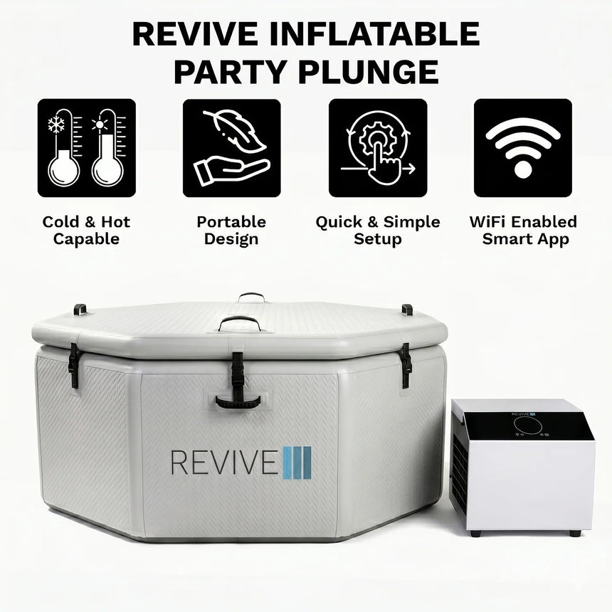 Revive Inflatable Party Plunge features: cold and hot capable, portable design, quick and simple setup and Wi-Fi smart app