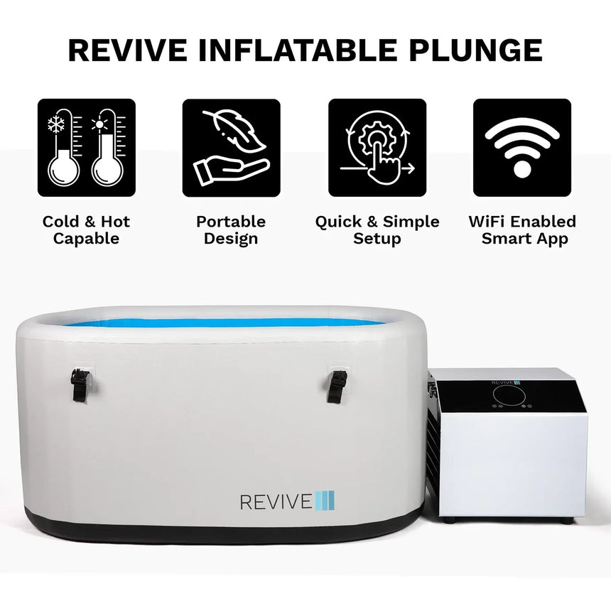 Revive Inflatable Plunge features: cold and hot capable, portable design, quick setup and Wi-Fi app