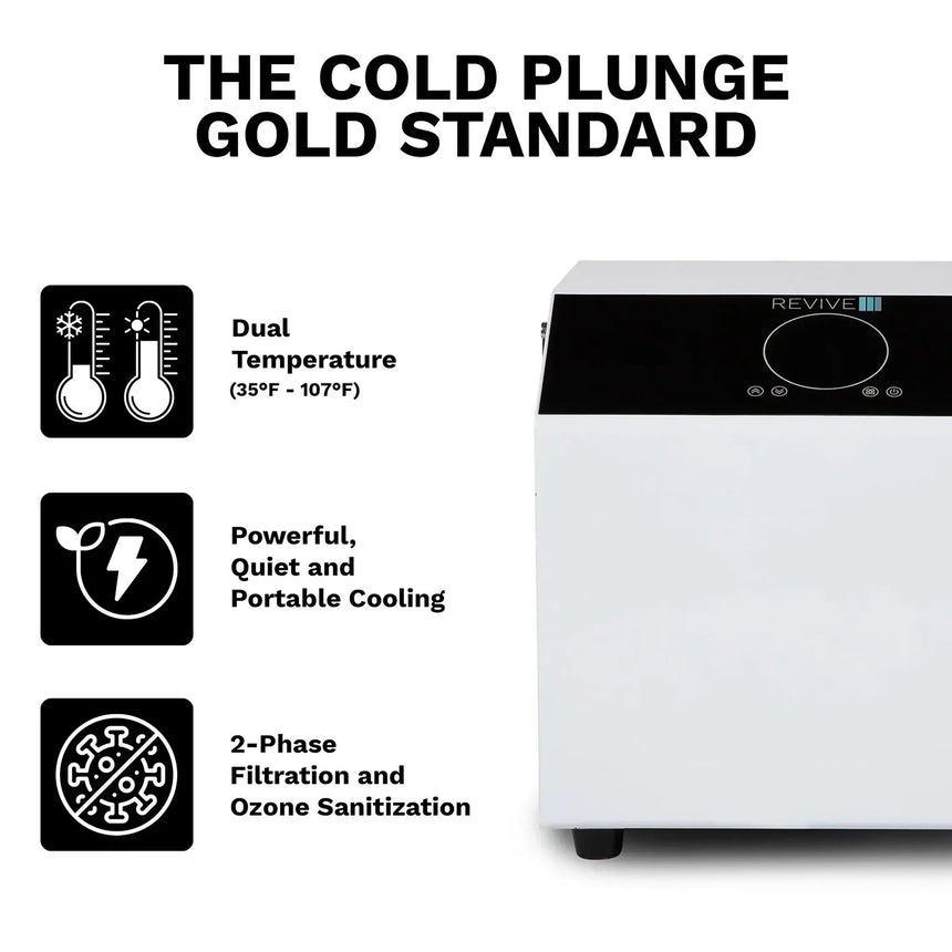 Revive Inflatable Plunge chiller features: 35-107°F dual temperature, quiet cooling, filtration and ozone
