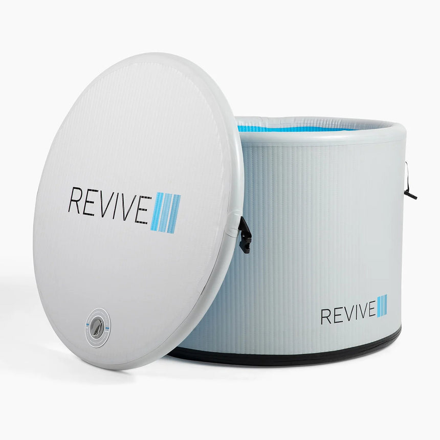 Revive Inflatable Pod Plunge with its insulated cover removed and leaning against the tub