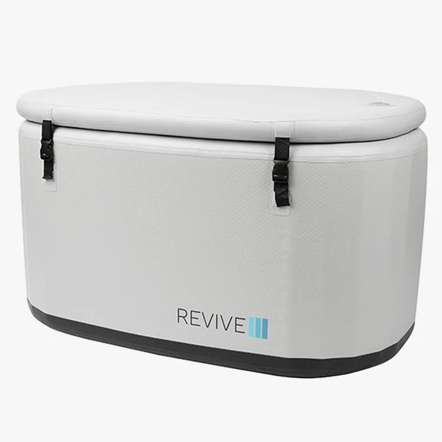 Three-quarter view of the Revive Inflatable Tub with its cover strapped on