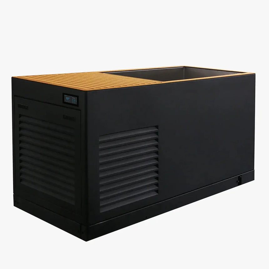 Revive Luxury Plunge all-in-one cold plunge with black cabinet, tan decking, touchscreen control panel and cooling vent