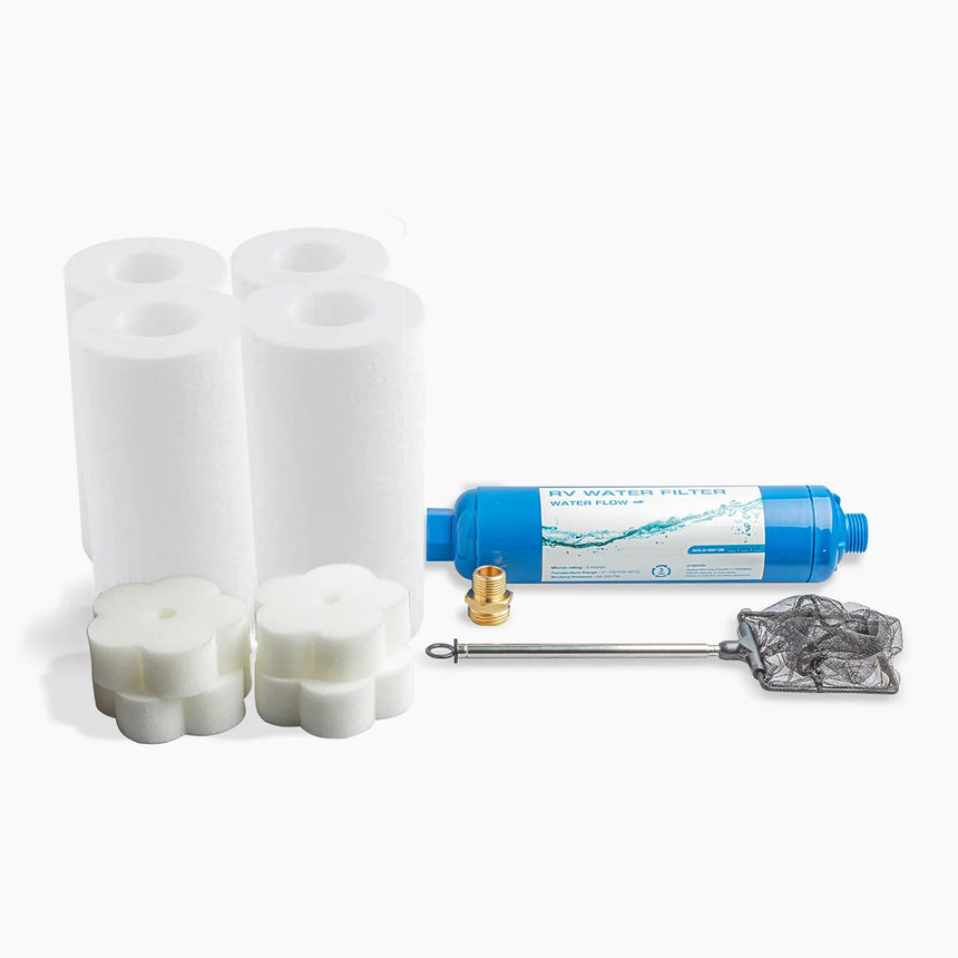 Revive Starter Kit with four plain white cartridge filters (shown for the 1-micron option), four scum sponges, a blue inline garden hose filter, a brass-colored hose adaptor and a skimmer net