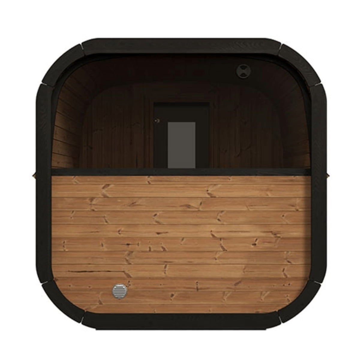 SaunaLife Model CL12GCP 8-person cube outdoor sauna rear view showing thermo-spruce wood paneling and ventilation system.
