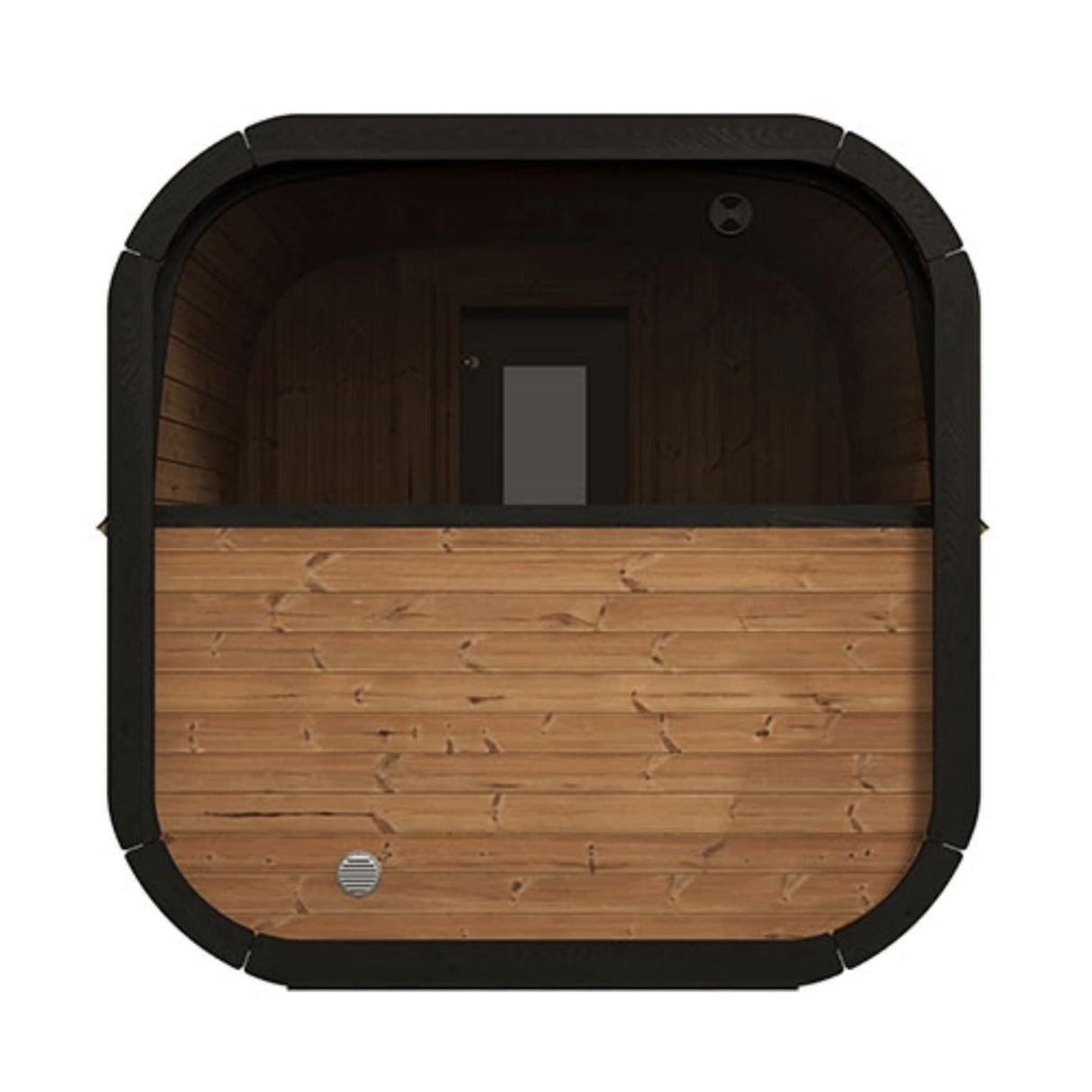 SaunaLife Model CL12GCP 8-person cube outdoor sauna rear view showing thermo-spruce wood paneling and ventilation system.