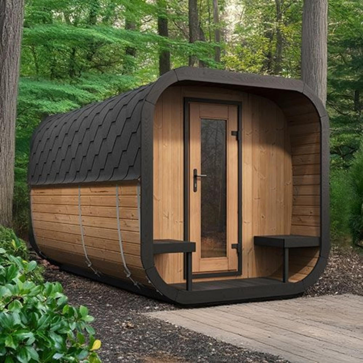 SaunaLife CL12GCP Cube Luxury 8-person outdoor sauna with porch, dressing room, bronze glass door and black shingled barrel roof.