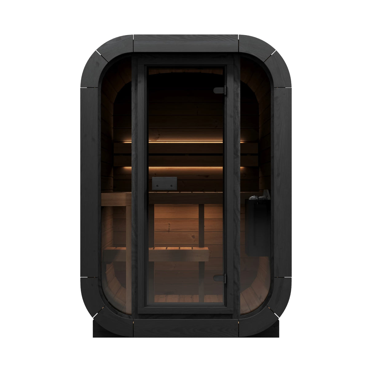 Front view of SaunaLife Model CL3G outdoor sauna with tempered glass door showing interior bench and lighting.