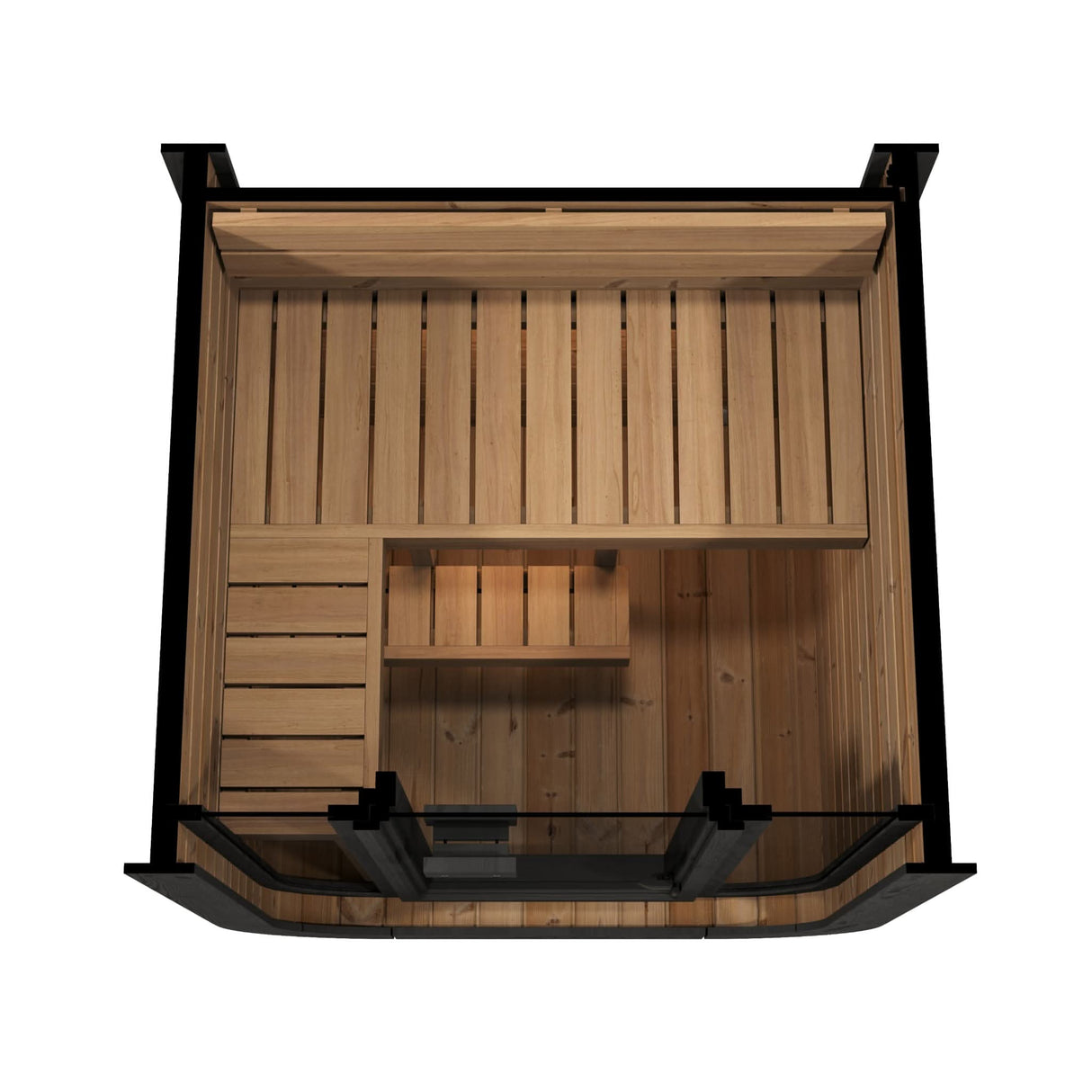 Top-down view of SaunaLife CL3G cube sauna interior showing L-shaped bench configuration and natural wood construction for 2 people.