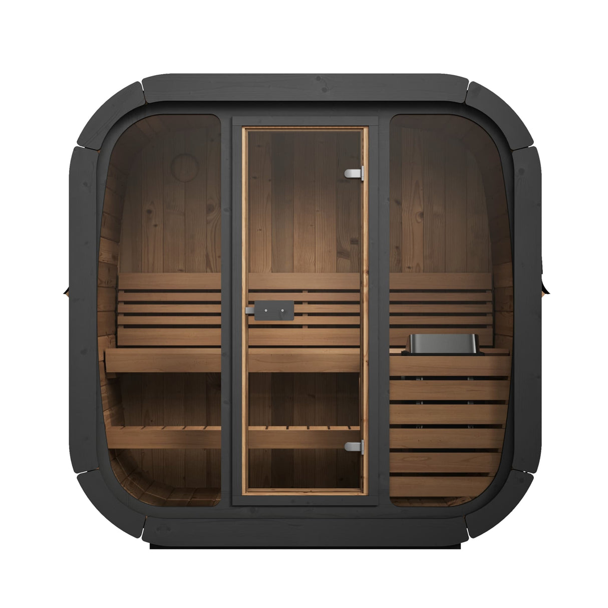 Interior view of the SaunaLife CL4G Cube Sauna showing Thermo-Aspen benches and heater placement area.