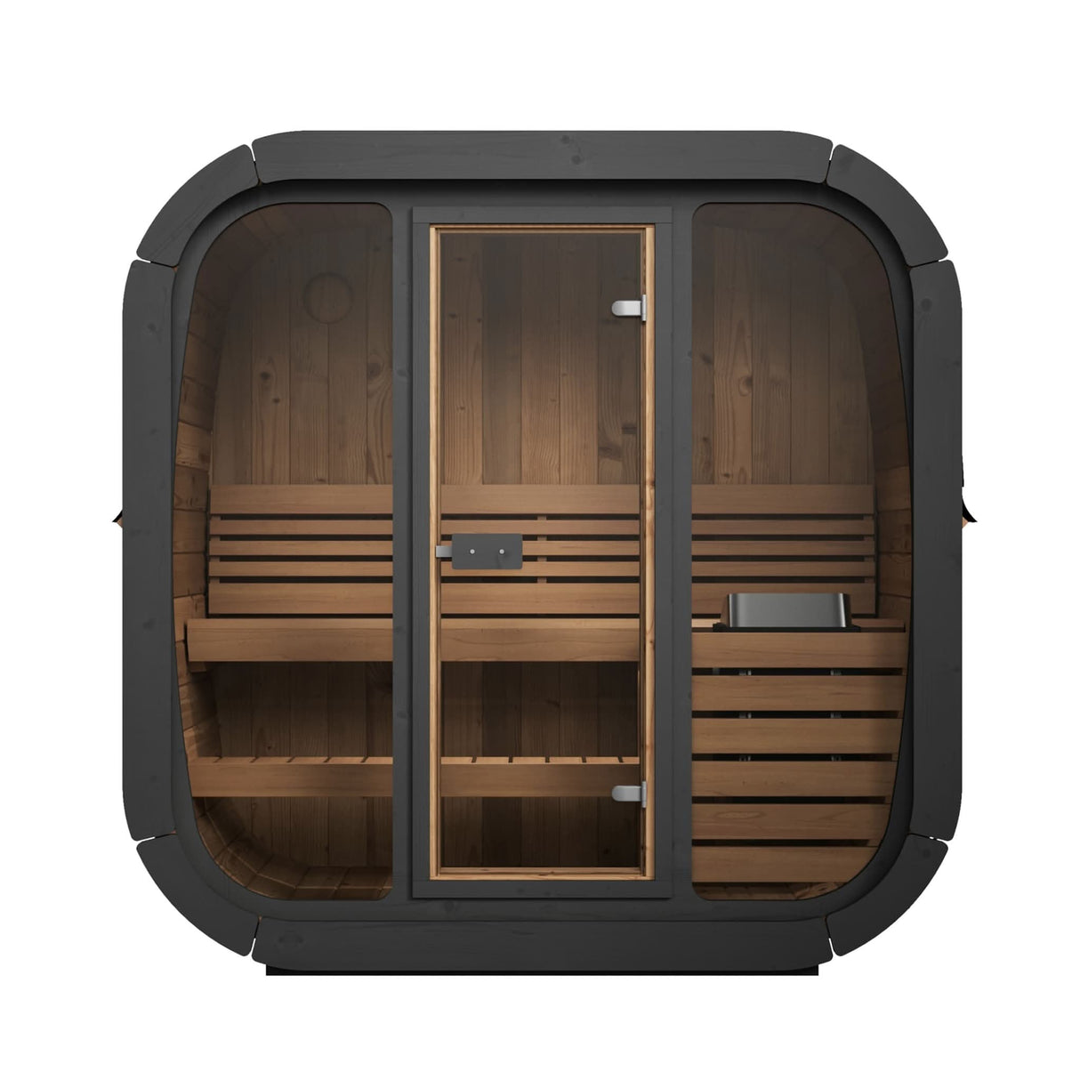 Interior view of the SaunaLife CL4G Cube Sauna showing Thermo-Aspen benches and heater placement area.