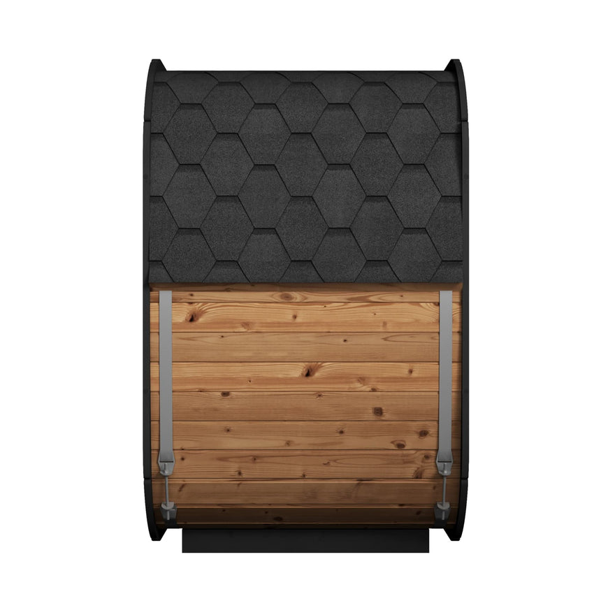 Rear exterior view of the CL4G Cube Sauna highlighting the black shingle roof kit for weather-tight installation.