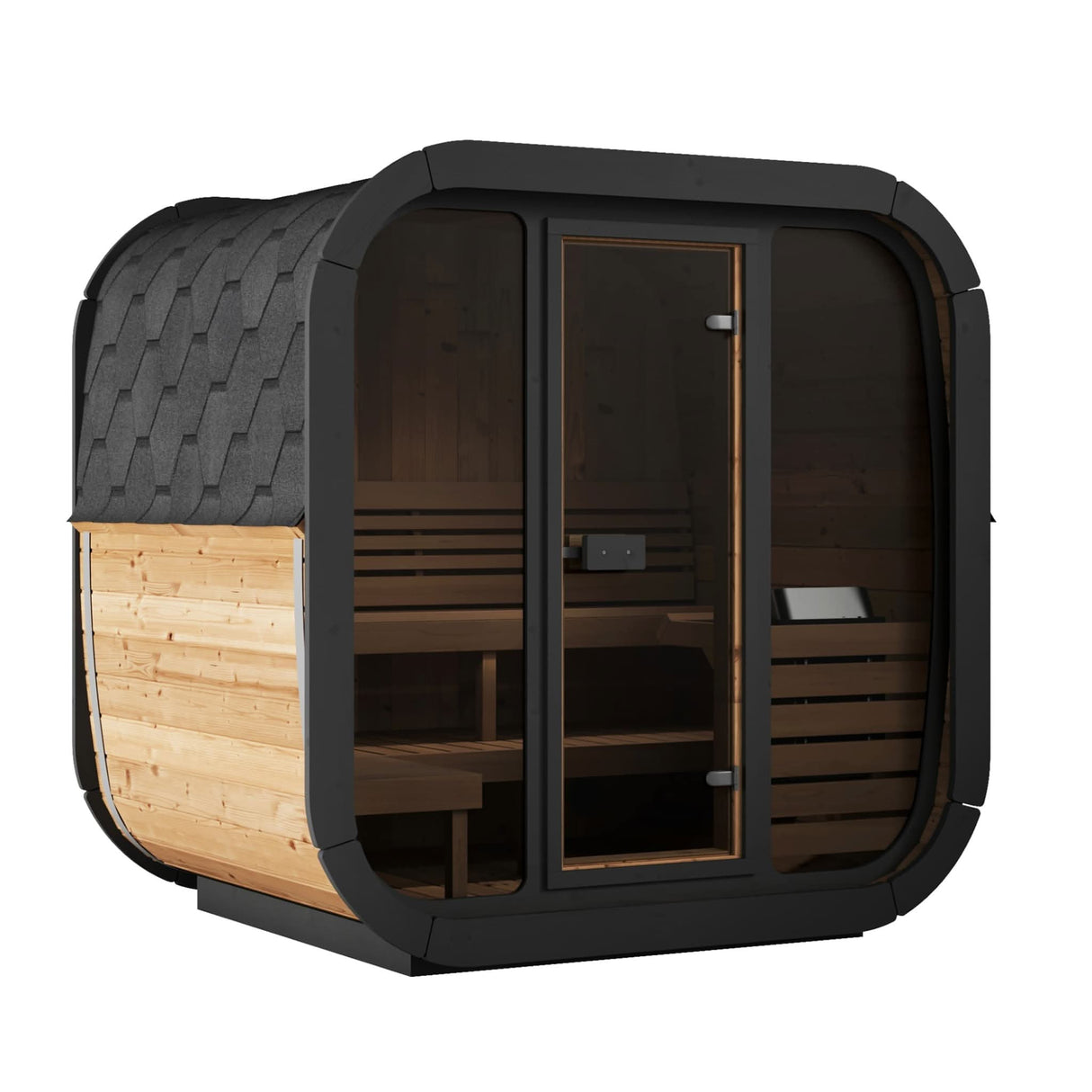 SaunaLife Model CL5G 4-person outdoor cube sauna with black hexagonal roof and natural wood paneling.
