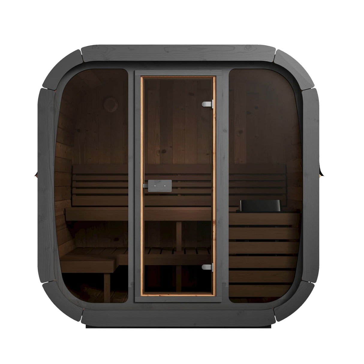 Front view of SaunaLife CL5G outdoor sauna showing glass door and interior bench seating for 4 people.