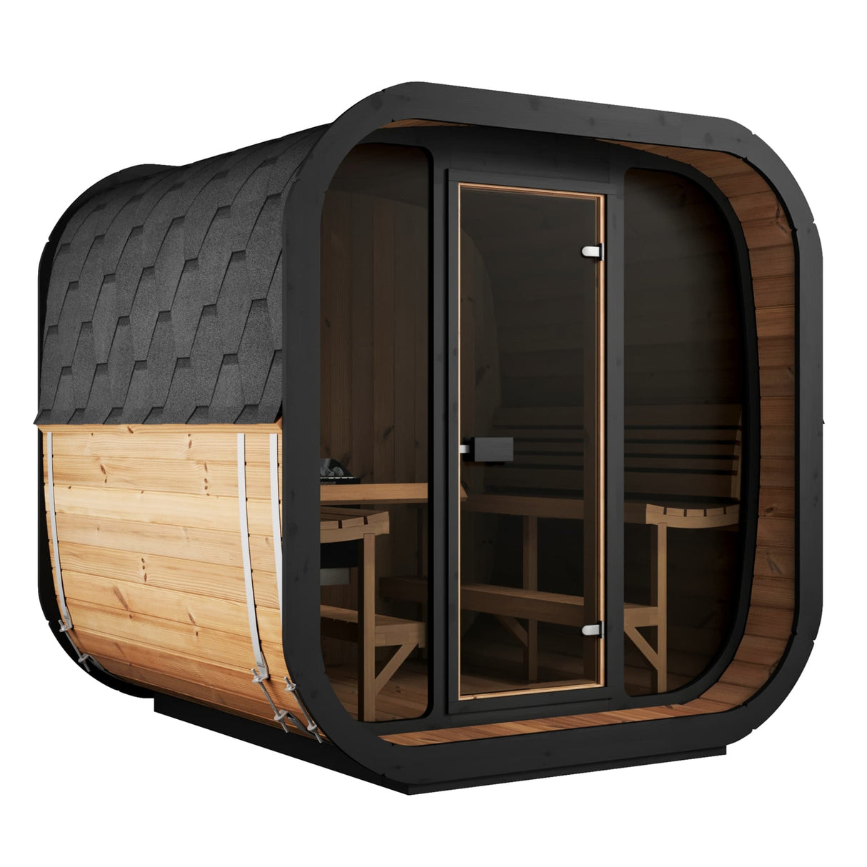 SaunaLife Model CL7G 6-person cube outdoor sauna with black shingled roof and thermo-spruce wood exterior.
