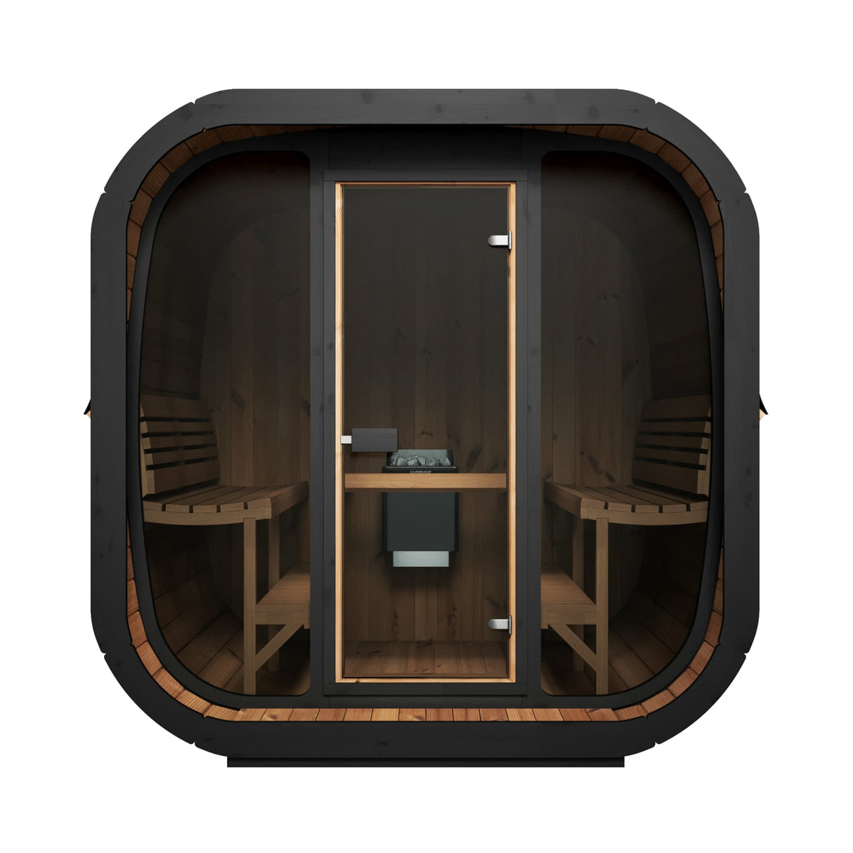 SaunaLife CL7G cube series outdoor sauna front view showing tempered bronze glass door and interior benches.