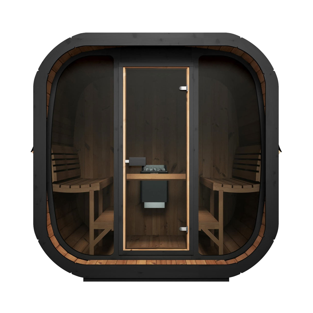 SaunaLife CL7G cube series outdoor sauna front view showing tempered bronze glass door and interior benches.